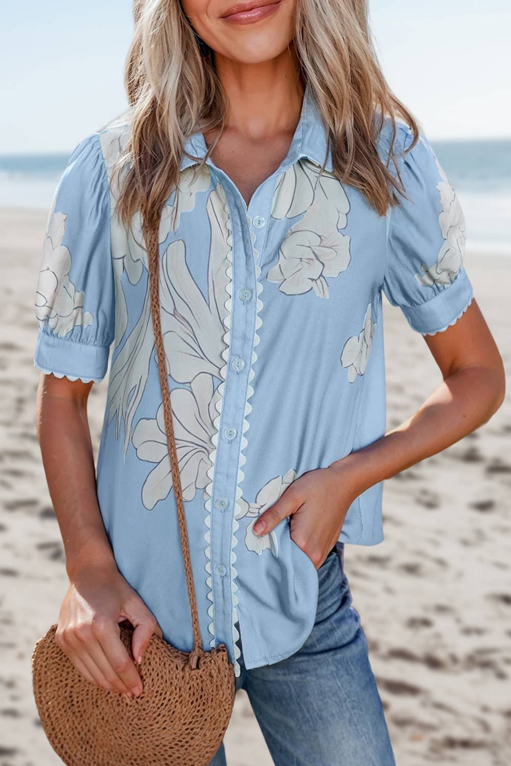 Floral Ric Rac Edge Puff Sleeve Button Up Top
