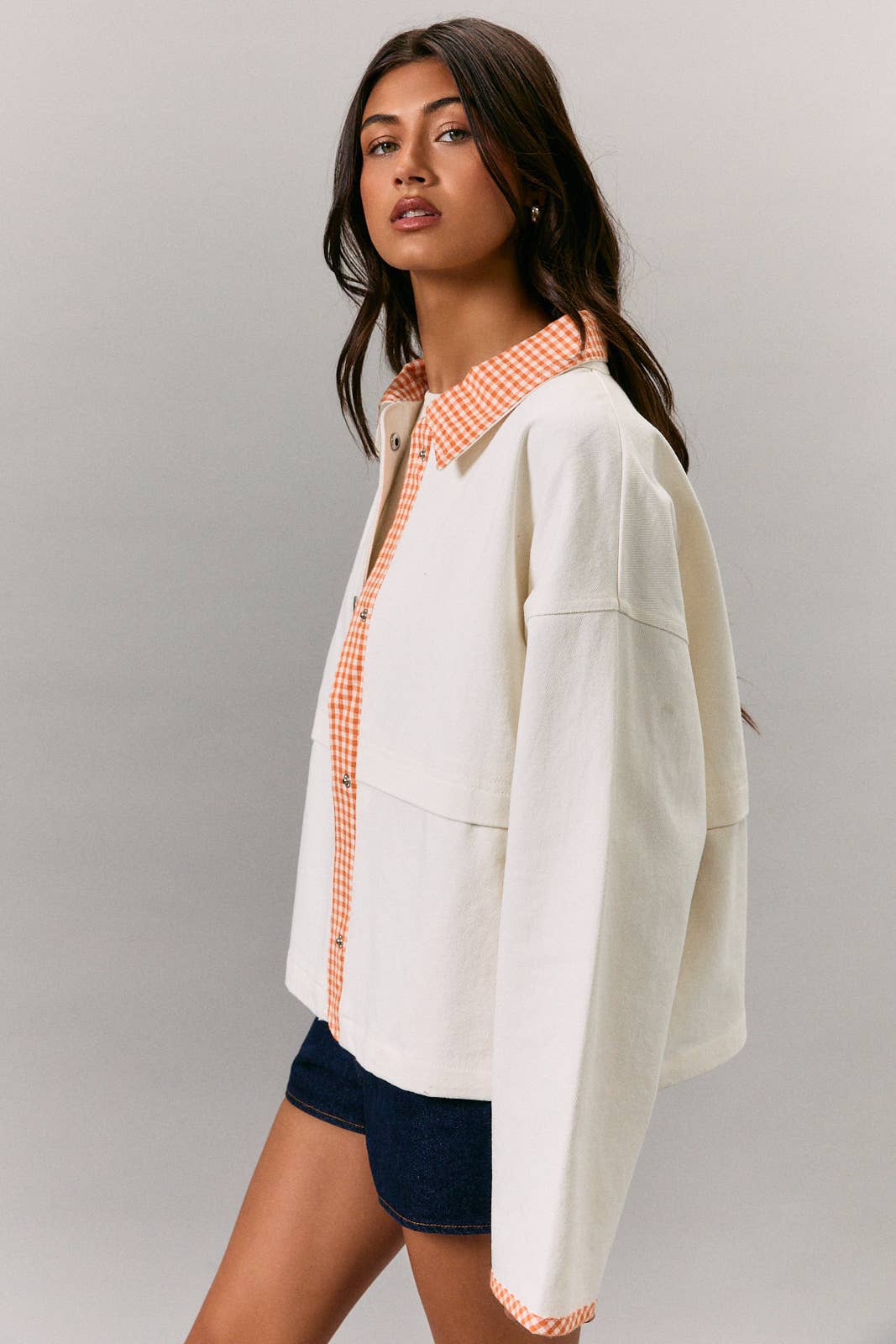 JACKET WITH GINGHAM CONTRAST: WHITE-ORANGE / M