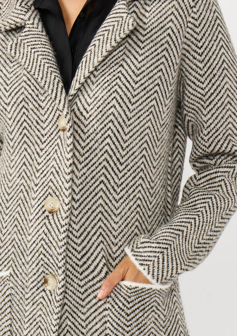 Herringbone Long Sleeve Button Front Coatigan: Taupe/Cream