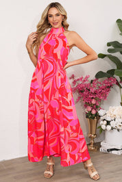 Abstract Print Knotted Mock Neck Maxi Dress