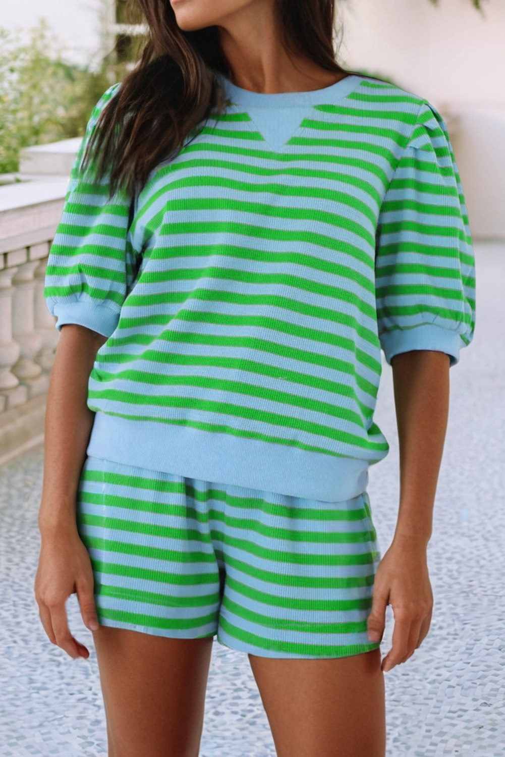 Stripe Puff Sleeve T Shirt Matching Shorts Set