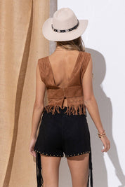 Suede Stud Deep V Crop Zip Up Tank