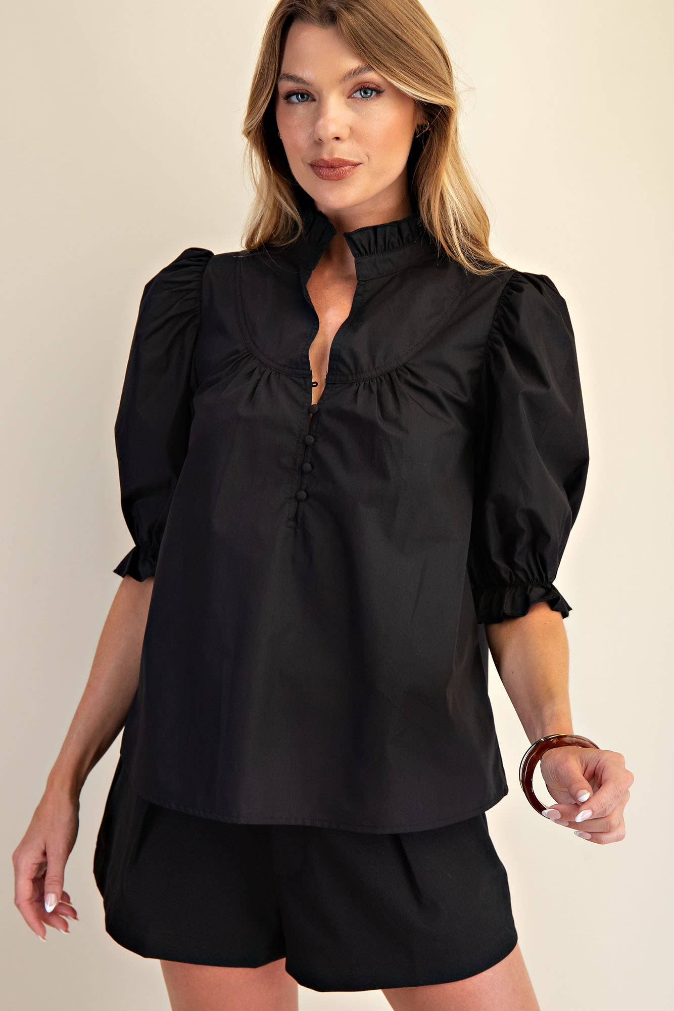 Round Neck Front Button Short Sleeve Top - Black