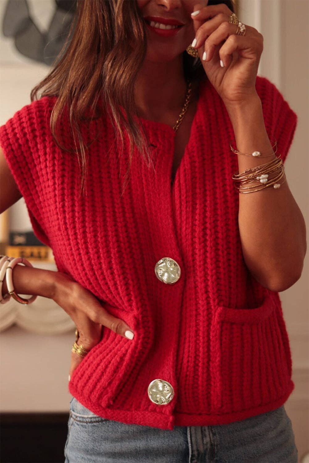 Solid Textured Knit Side Pockets Buttoned Sweater Vest: Fiery Red
