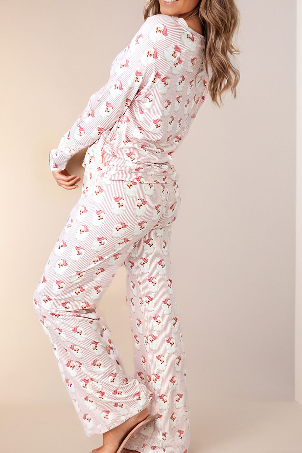 Santa Claus Striped Print Loose Fit Two Piece Lounge Set: Pink