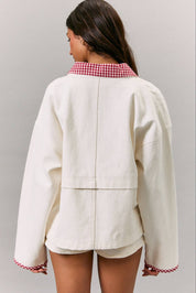 JACKET WITH GINGHAM CONTRAST: WHITE-ORANGE / M