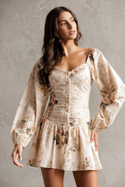 FLORAL EYELET PUFF SLEEVE ROMPER: BEIGE FLORAL