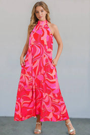 Abstract Print Knotted Mock Neck Maxi Dress