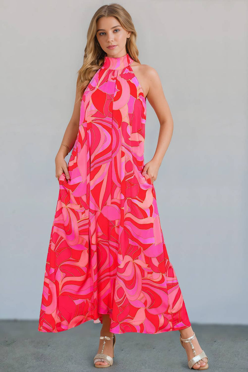 Abstract Print Knotted Mock Neck Maxi Dress