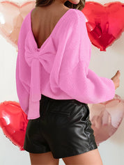 Valentine Spring Bow Backless Bubble Sleeve Festive Sweater