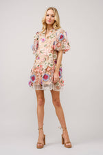 Multi 3D Floral Peplum Puff Sleeve Mini Dress