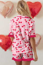 Cherry Bow Mixed Print Scalloped Edge Short Pajama Set