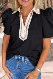 Ricrac Trim Collared Short Sleeve Blouse