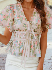 Floral Puff Sleeve V Neck Tied Front Peplum Blouse