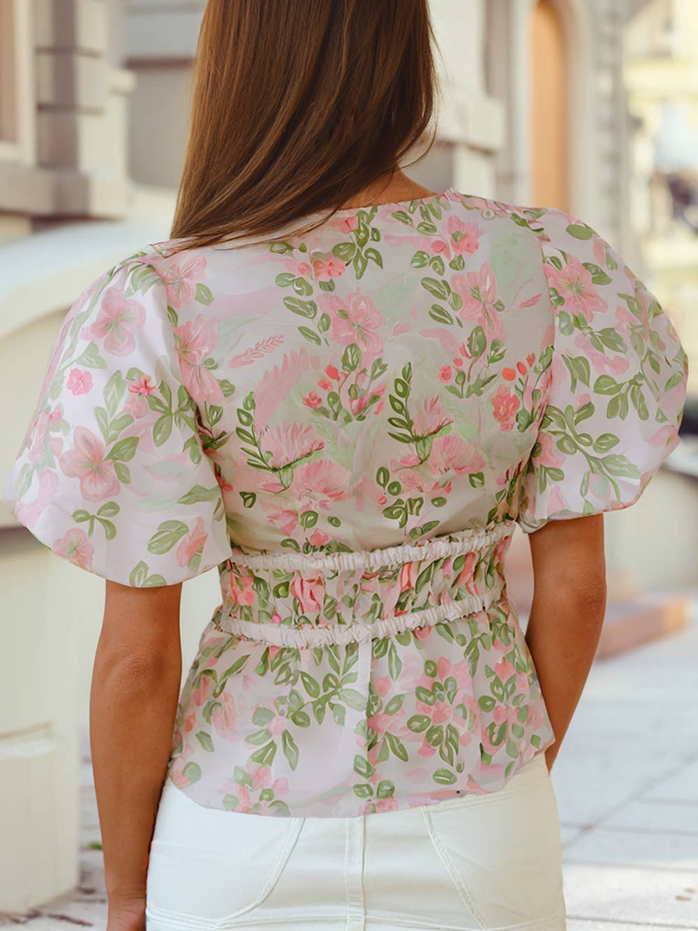 Floral Puff Sleeve V Neck Tied Front Peplum Blouse
