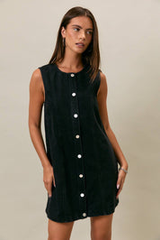 SLEEVELESS ROUND NECK BUTTON DOWN DENIM MINI DRESS