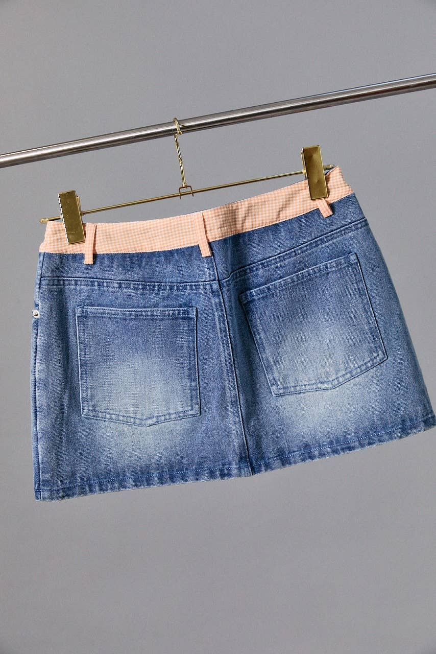 MID WAIST DENIM SKIRT WITH GINGHAM WAIST