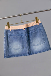 MID WAIST DENIM SKIRT WITH GINGHAM WAIST