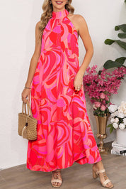 Abstract Print Knotted Mock Neck Maxi Dress