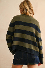 STRIPED SWEATER TOP: NAVY/OLIVE
