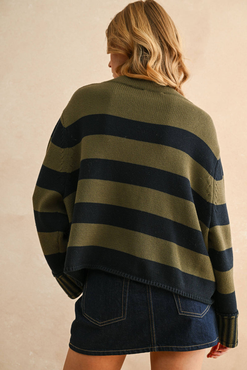 STRIPED SWEATER TOP: NAVY/OLIVE