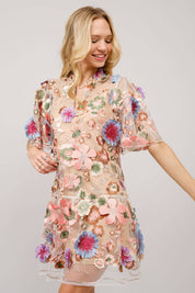 Multi 3D Floral Peplum Puff Sleeve Mini Dress