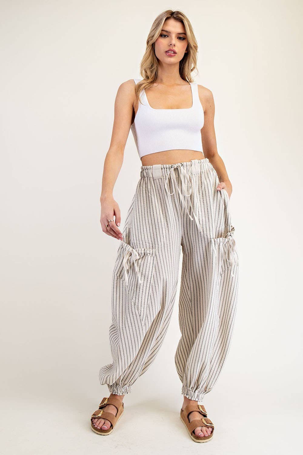 STRIPED DRAWSTRING SIDE POCKET JOGGER PANTS: OATMEAL