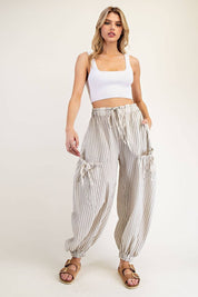 STRIPED DRAWSTRING SIDE POCKET JOGGER PANTS: OATMEAL