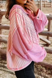 Texture Waffle Floral Patched Hooded Oversize Pullover