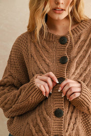 BUTTON FRONT CABLE SWEATER JACKET: BROWN