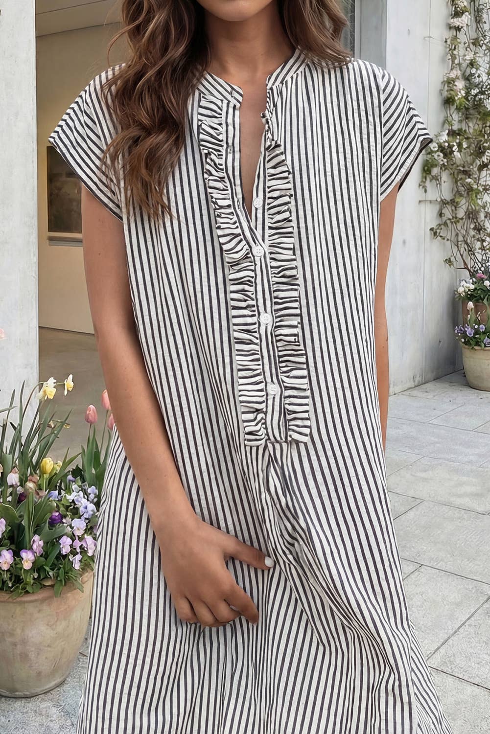 Stripe Frilled Half Buttons Short Sleeve Long Dress