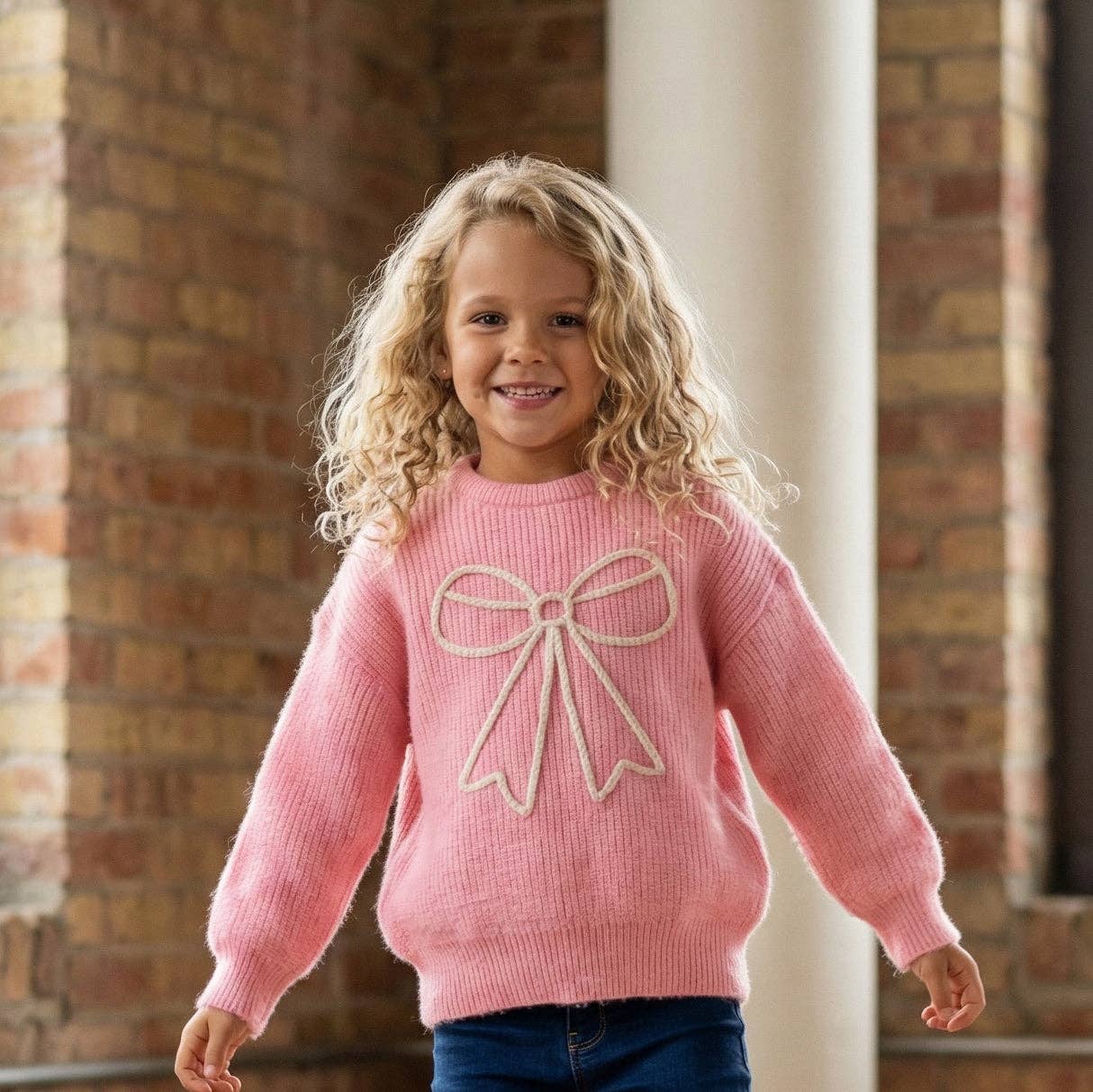 Girls Molly Pink Cable Knit Bow Fall Winter Sweater