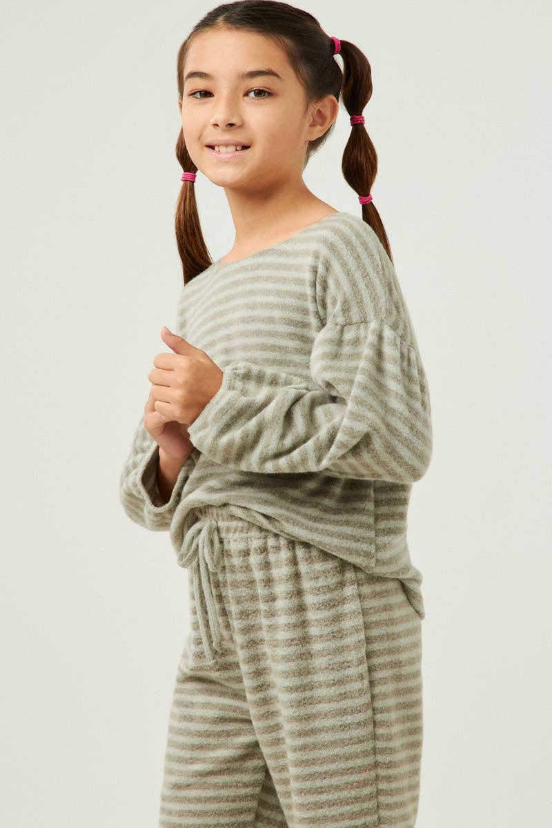 Girls Brushed Stripe Puff Sleeve Knit Top