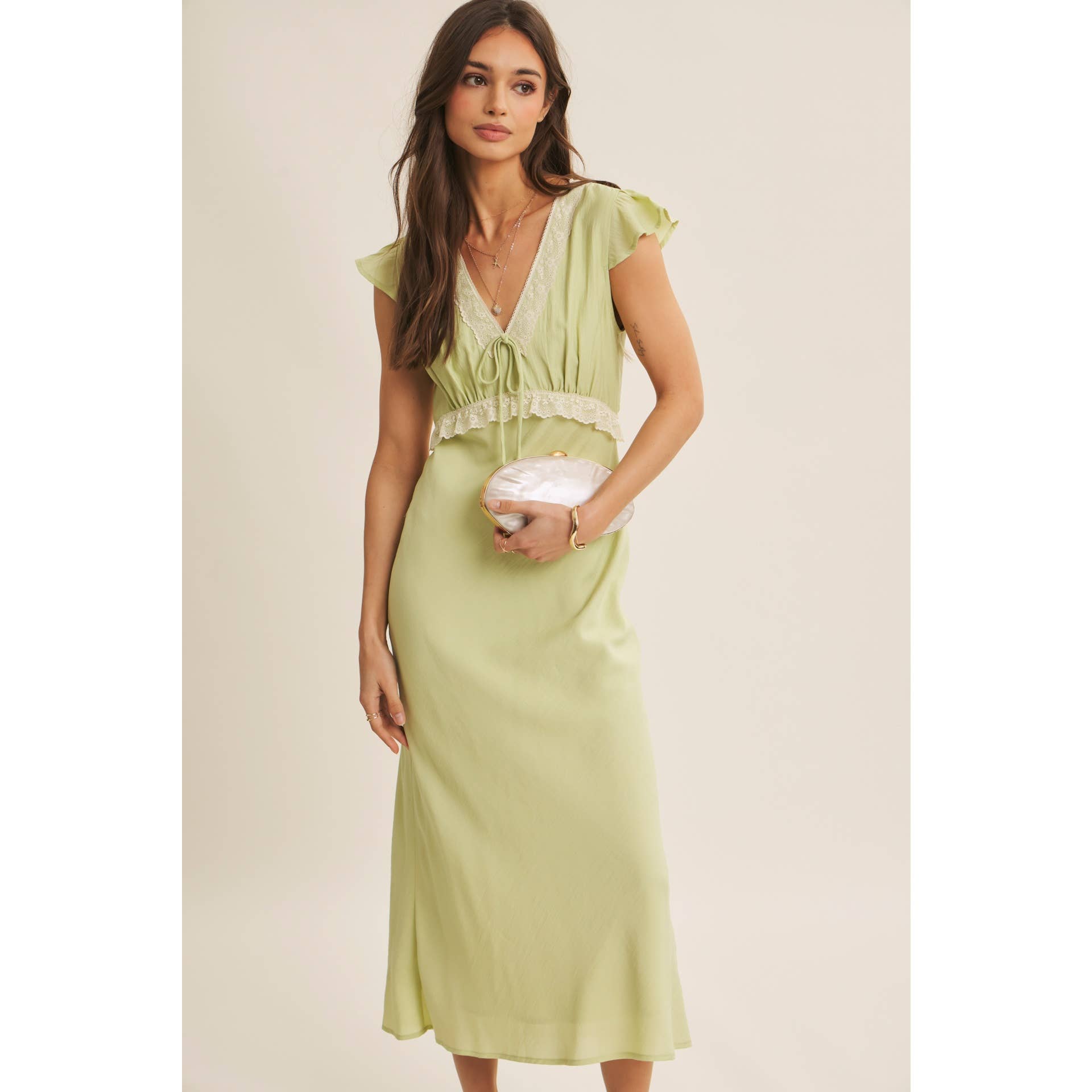 SOFTLY REFINED SLIM FIT MIDI DRESS WITH LACE AND WAIST BELT
