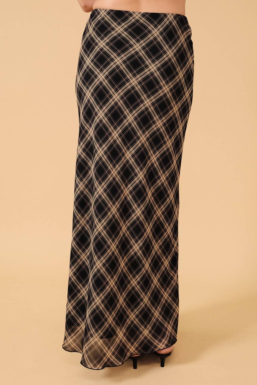 HIGH WAIST PLAID CHIFFON MIDI SKIRT: NAVY