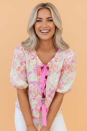 Floral Ribbon Tie Front Puff Sleeve Blouse