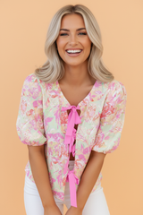 Floral Ribbon Tie Front Puff Sleeve Blouse