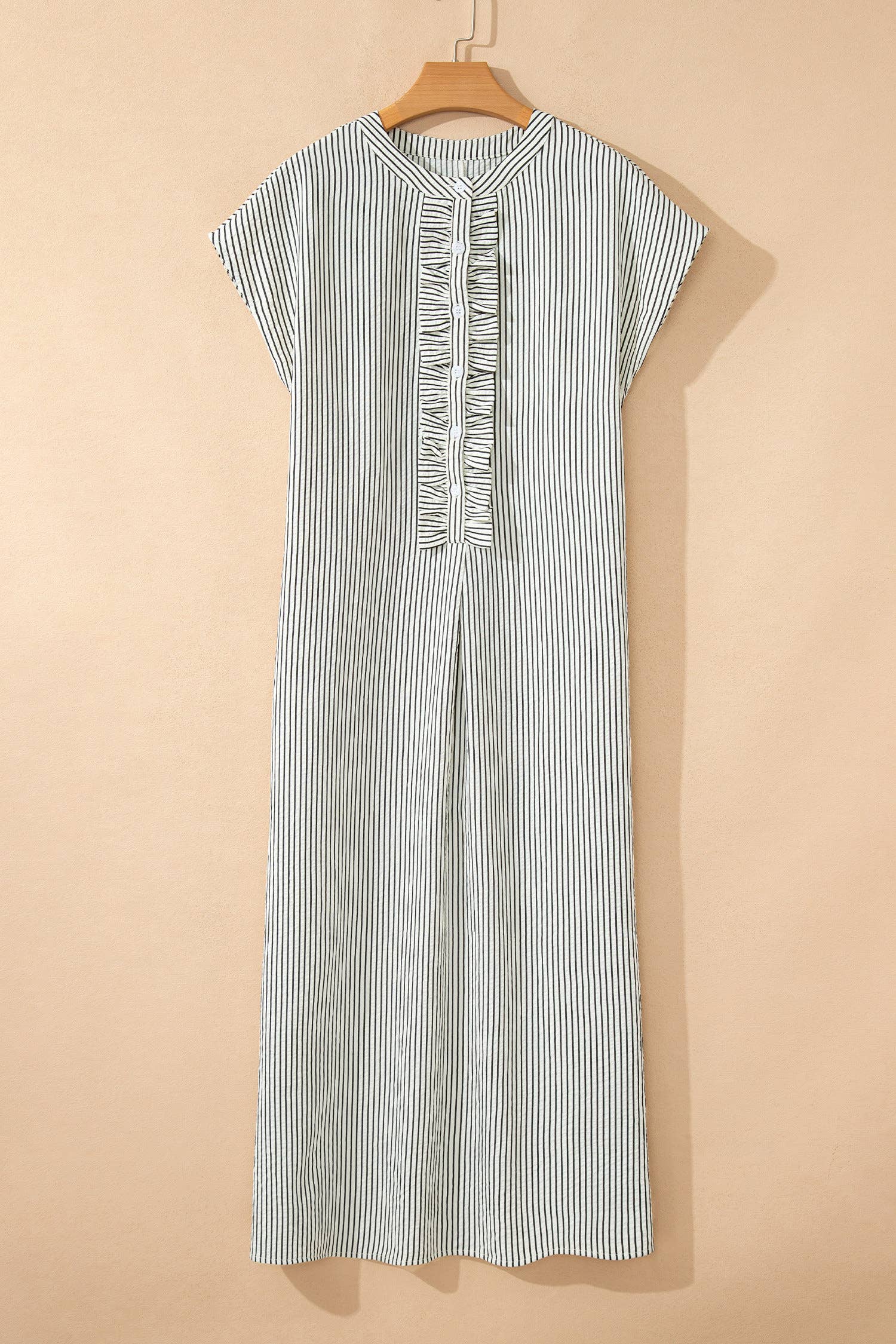 Stripe Frilled Half Buttons Short Sleeve Long Dress