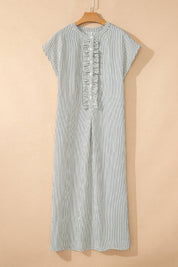 Stripe Frilled Half Buttons Short Sleeve Long Dress