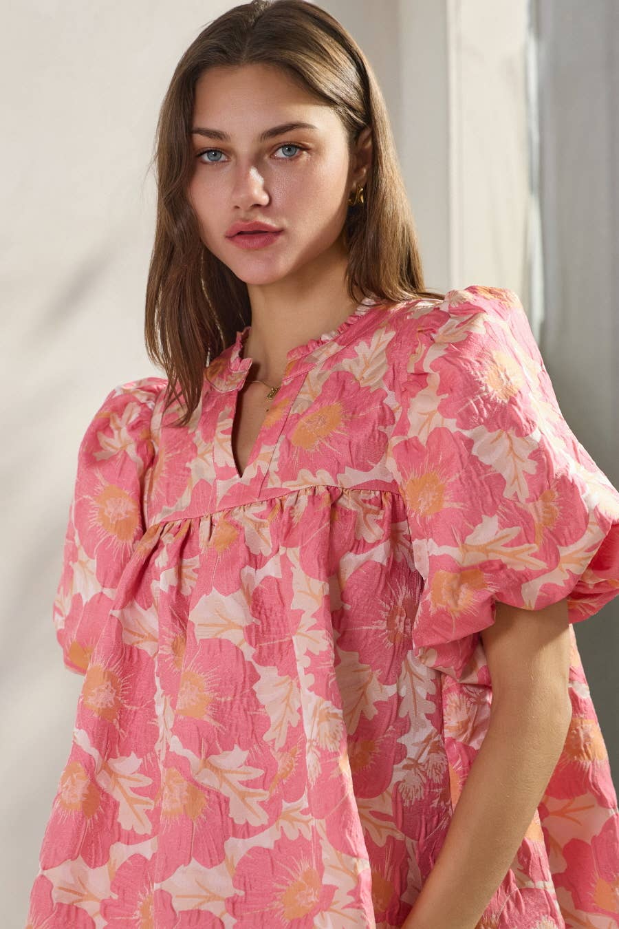 Floral Satin Weave Jacquard Babydoll Top