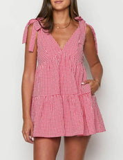 Casual Plaid Tie-Strap V-Neck Mini Dress