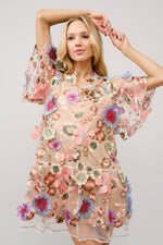 Multi 3D Floral Peplum Puff Sleeve Mini Dress