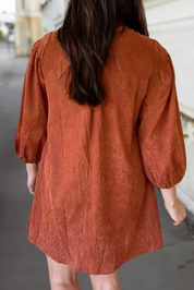Corduroy Solid Pleat 3/4 Sleeve Mini Dress