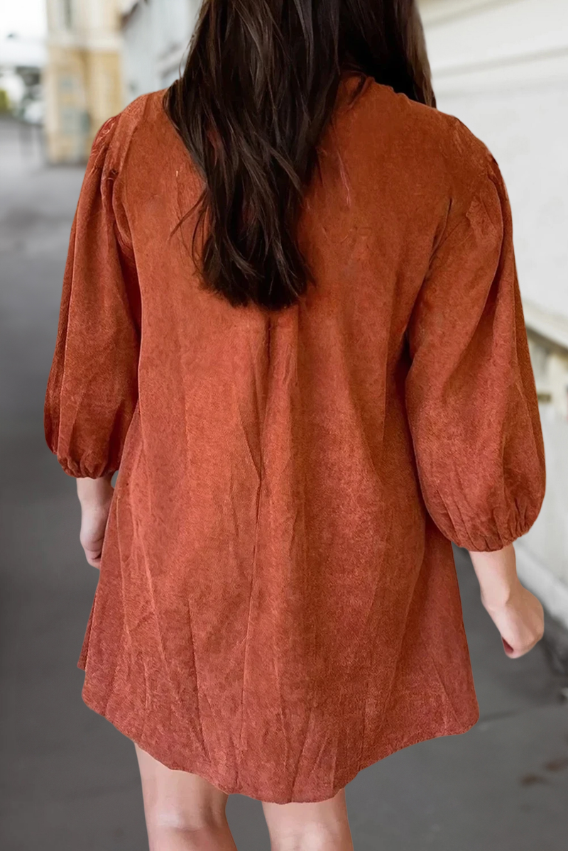 Corduroy Solid Pleat 3/4 Sleeve Mini Dress