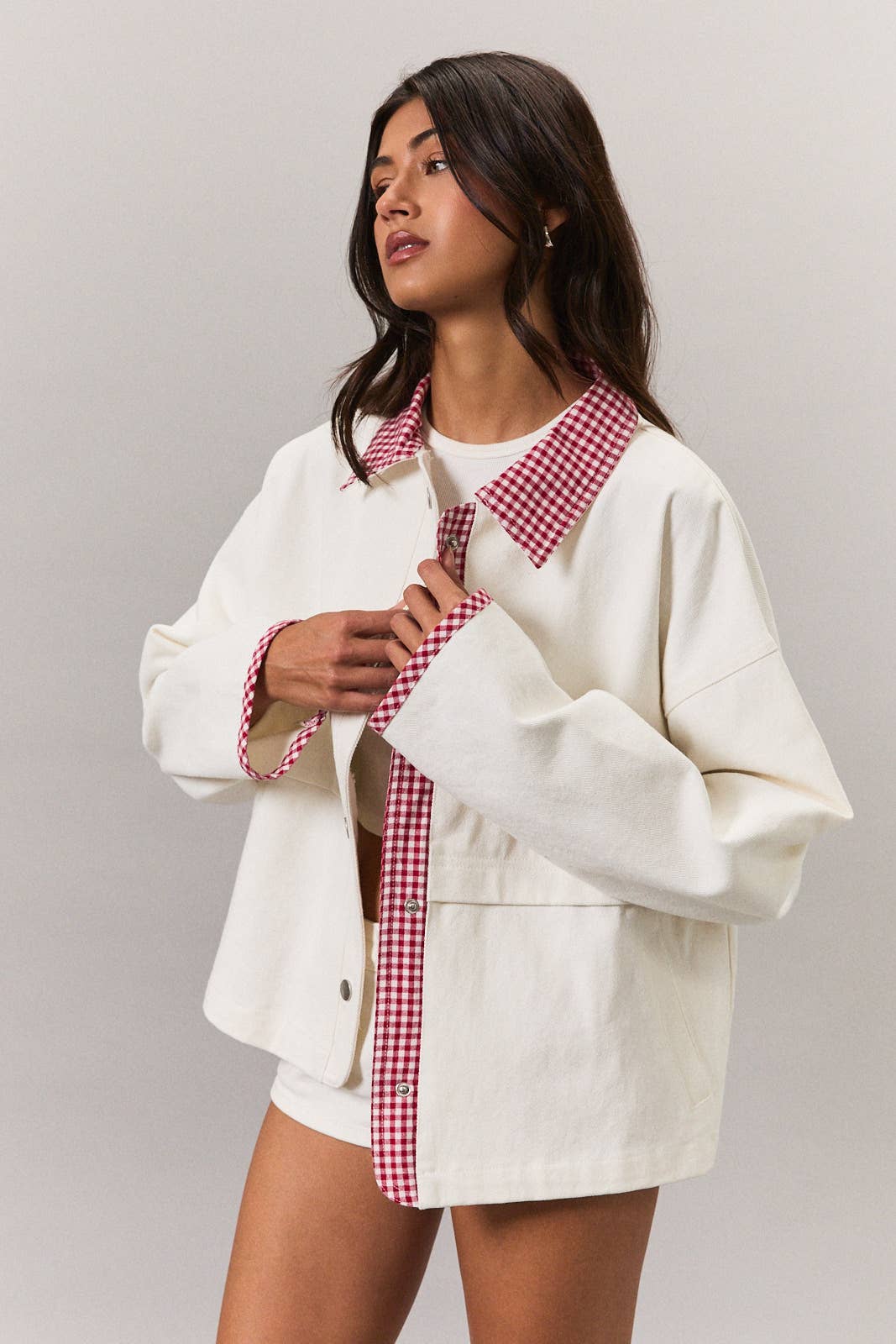 JACKET WITH GINGHAM CONTRAST: WHITE-ORANGE / M