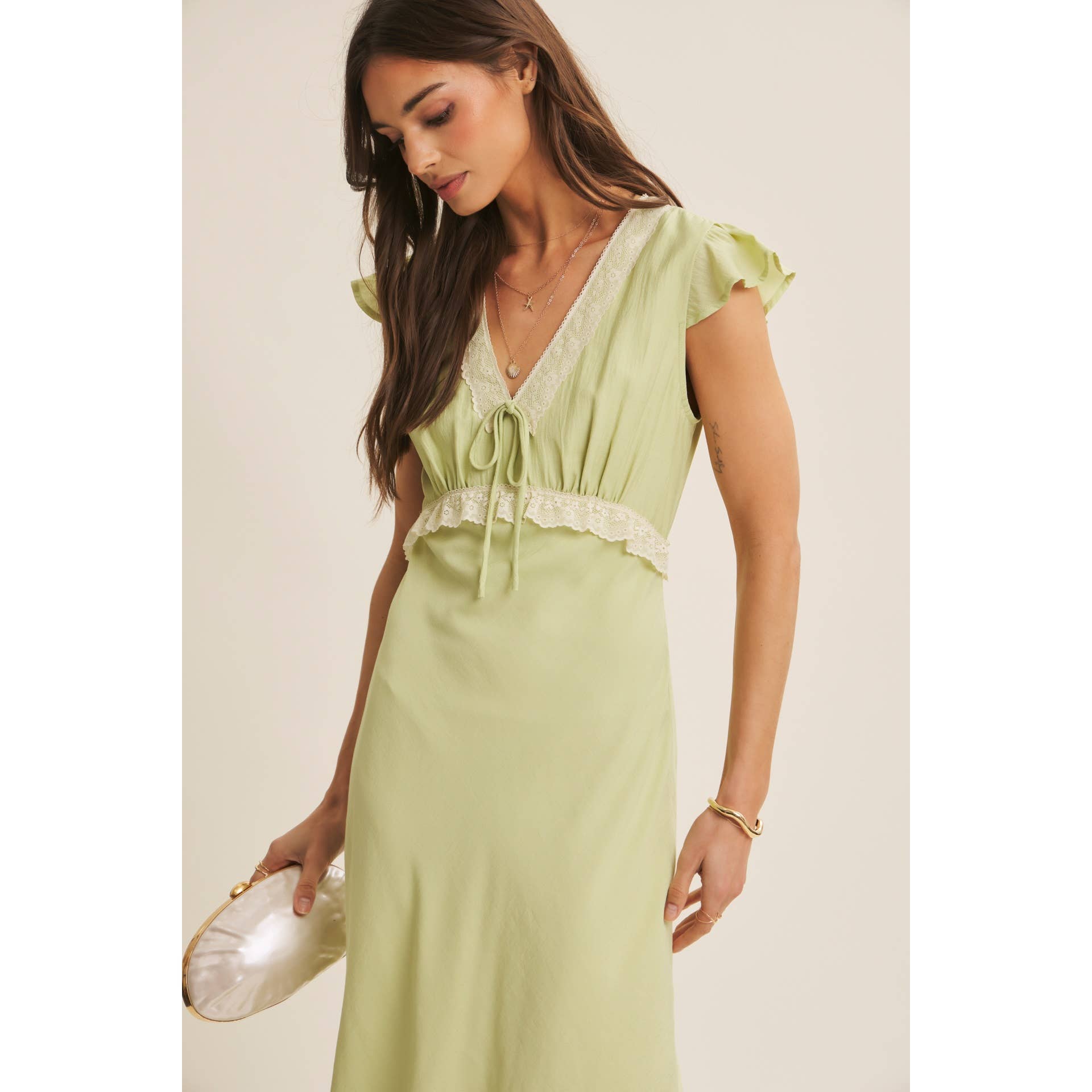 SOFTLY REFINED SLIM FIT MIDI DRESS WITH LACE AND WAIST BELT