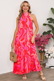 Abstract Print Knotted Mock Neck Maxi Dress