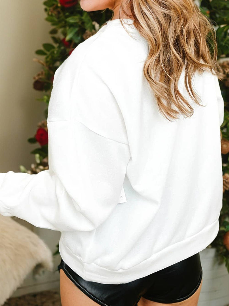 Merry Letter Patchwork Long Sleeve Blouse: White