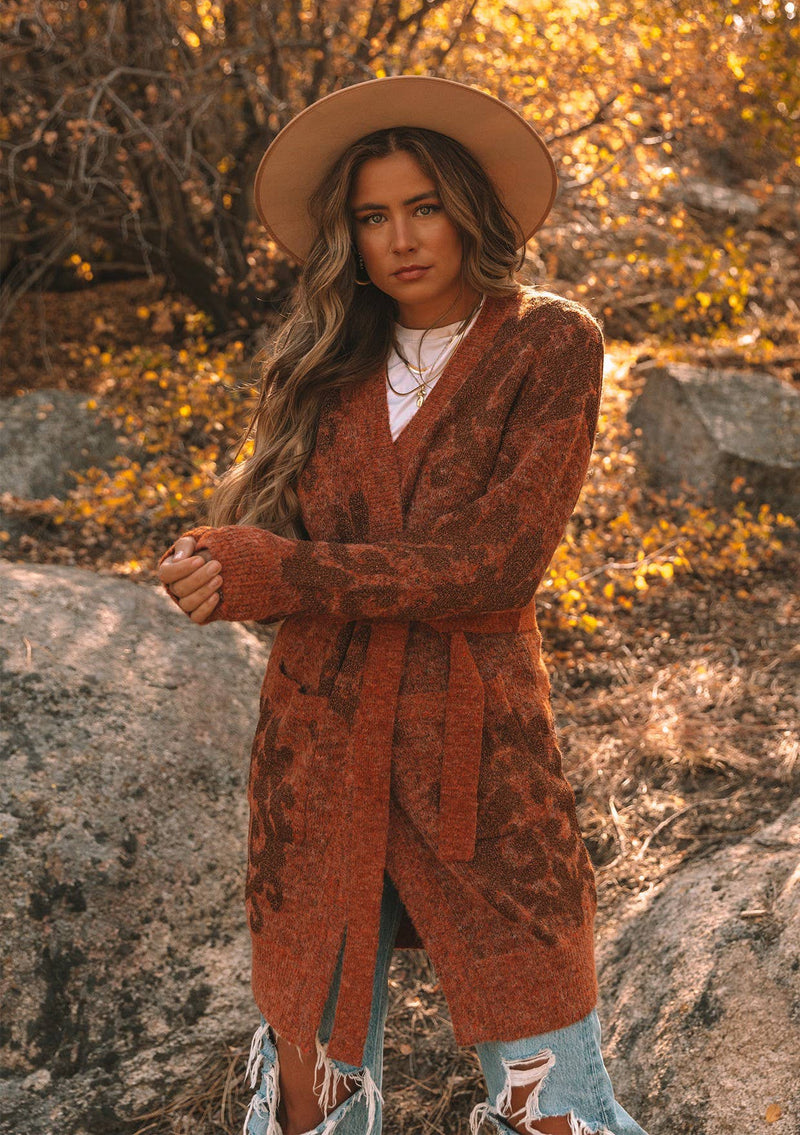 Metallic Floral Long Sleeve Belted Cardigan