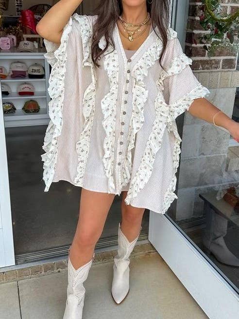 Western cowgirl Floral ruffle frill panel oversized shirt